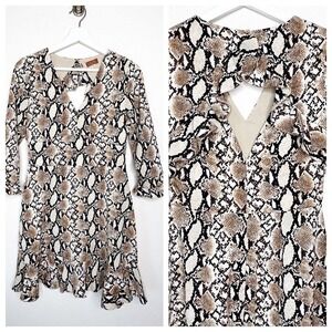Scully Snakeskin Ruffle Open Back 3/4 Sleeved Tan Dress S